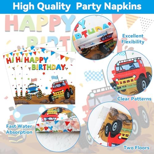 Monster Truck Party Tableware Set Monster Truck Plates and Napkins Car Birthday Party Supplies Decorations for Kids Boys Black and White Checked Theme Birthday Supplies Serves 24 - Image 4
