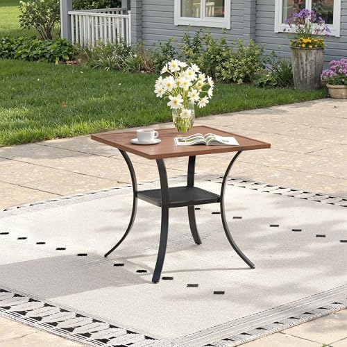 Outdoor Dining Table with Storage Shelf, 27.5" All-Weather Square Patio Dining Table for 2, Metal Patio Table for Garden Lawn Porch Deck Yard, Walnut by ProvideOutdoorSolutions