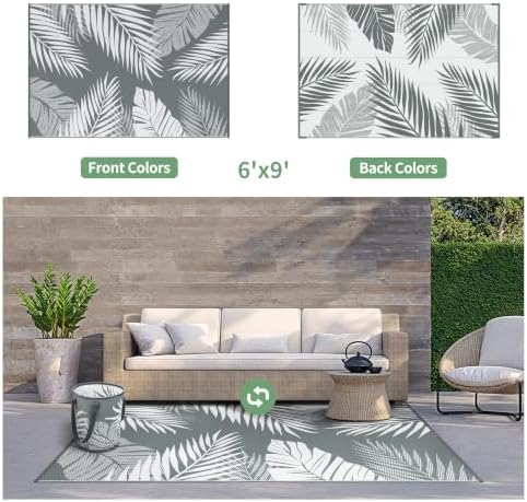 GENIMO Outdoor Rug 6' x 9' Waterproof for Patios Clearance, Reversible Plastic Straw Camping Carpet with Round Storage Bag, Large Area Rugs and Mats for RVs,Garden, Beach, Gray & White - Image 2