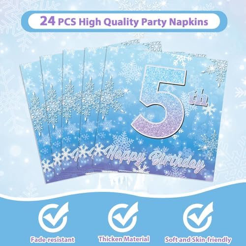 Snowflake Winter Wonderland 5th Birthday Paper Plates Napkins Forks Disposable Dinnerware Happy 5th Birthday Blue and Purple Winter Snowflake Tableware for Kids Christmas onderland Party Decorations - Image 4