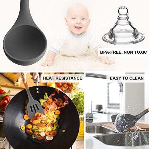 MIBOTE Silicone Cooking Kitchen Utensils Set, 17 Pcs, Wooden Handle, Grey - Image 6