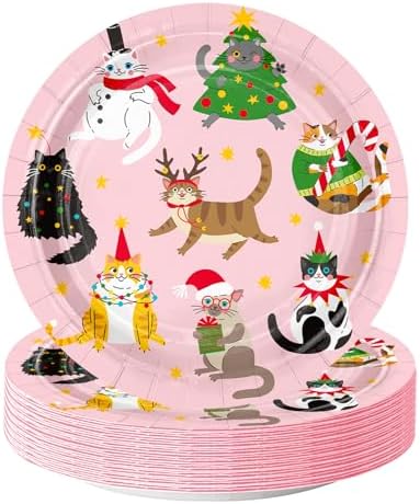 WRAPAHOLIC 25Pcs Christmas Paper Plates - 9 Inch Kitten Tree Disposable Plates Decorative Dinner Plates for Christmas Party Tableware Supplies Table Decor by WRAPAHOLIC