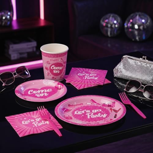 144 Pcs Let's Go Party Tableware Set for 24 Guests, Heavy-Duty 7" & 9" Paper Plates, Cups, 2-Ply 13" Napkins & Plastic Forks, Disposable Pink Party Supplies for Wedding Bridal Shower Party - Image 6