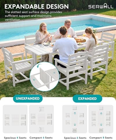 SERWALL 60" - 83" Expandable Outdoor Dining Table and 6 HDPE Chairs, White - Image 3