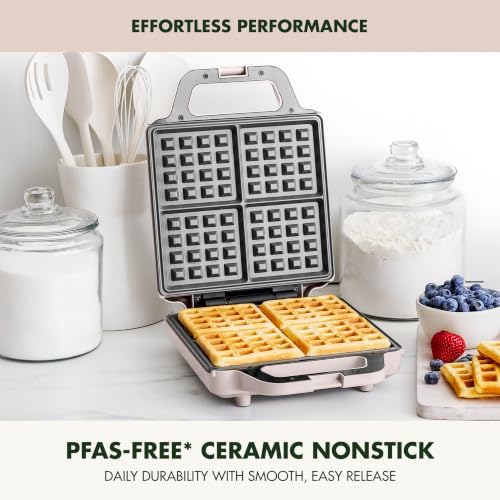 GreenPan Advanced Waffle Maker, 4-Square Belgian & Classic Waffle Maker, PFAS-Free Ceramic Nonstick, Cool-Touch Handle, Overheat Protection, Easy Clean, Clay - Image 2