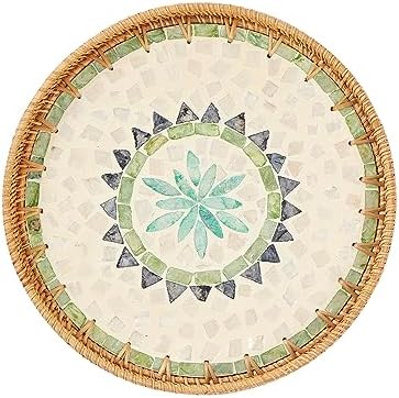 Kmelep Round Rattan Tray with Mother of Pearl Inlay, Rattan Serving Tray with Wooden Base, Decorative Wicker Basket for Table Decor, Storage and Display of Coffee Bread Food Fruit (Bohemia) by Kmelep