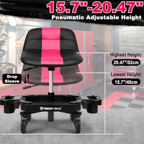 Rolling Stool with Wheels, Adjustable Height Pneumatic Garage Work Mechanic Stool Seat with Backrest, 400 LBS Capacity 360° Swivel Mechanic Crepper Chair with Tool Tray Storage, Pink - Image 2