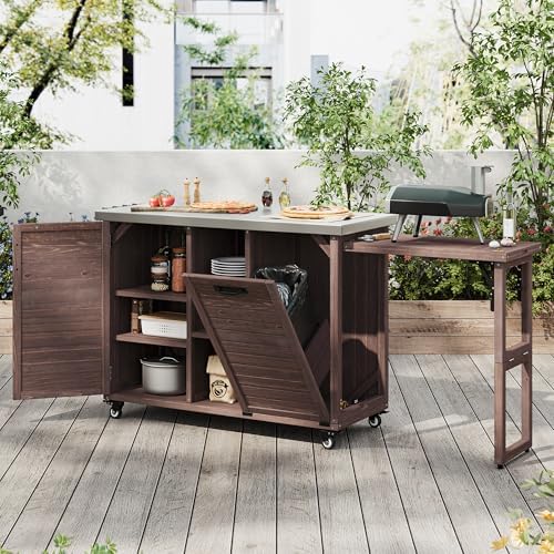 Merax 78.3" Outdoor Kitchen Island with Foldable Grill Table, Wooden Outdoor Grill Cart with Trash Can Storage & Stainless Steel Top, Outdoor Bar Cart, Pizza Oven Table for Lawn & Garden, Dark Brown - Image 4