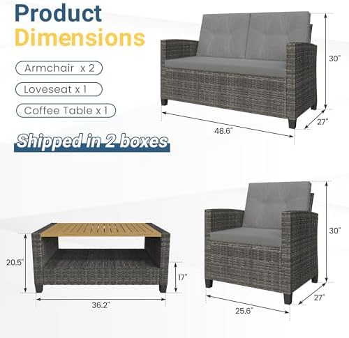 Wisteria Lane 4 Piece Patio Furniture Set, Wicker Outdoor Patio Conversation Furniture Set, All Weather Outdoor Patio Sofa with Cushion and Wood Table, Gray Wood - Image 3