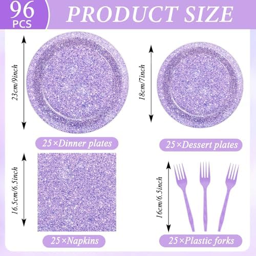 96PCS Purple Glitter Paper Plates and Napkins K-pop Purple Tableware Party Paper Plates Glitter Birthday Disposable Dinnerware Parties Set for Girl Women Sprinkle Wedding Anniversary Party Decorations - Image 2