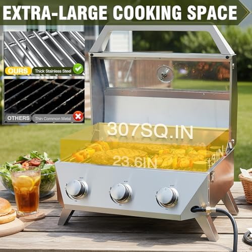 BESTFIRE 3-Burner Tabletop Gas Grill with Viewing Glass, 30,000 BTU Stainless Steel Portable Propane BBQ Grill with Thermometer, Professional Outdoor Cooking for Patio, Camping, RV and Tailgating - Image 2