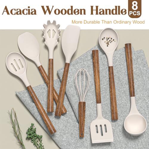 Silicone Cooking Utensil Set,Umite Chef 8-Piece Kitchen Utensils Set with Natural Acacia Wooden Handles, Silicone Kitchen Gadgets and Spatula Set for Nonstick Cookware - Khaki - Image 5