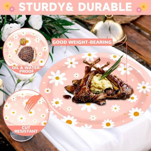 Qyeahkj 50 PCS Pink Daisy Oval Paper Plates Spring Large 11” One Two Groovy Party Decorations Floral Supplies Favor for Summer Flower Wedding Birthday Party Disposable Tableware Set - Image 4