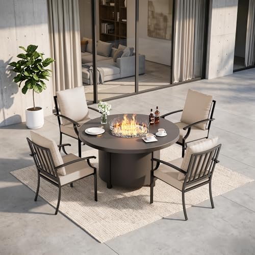 5 Pieces Outdoor Patio Furniture Set with 48" 55000 BTU Round Propane Fire Pit Table,Patio Dining Set Outdoor Conversation Sets 4 Chairs for Deck,Backyard and Garden,Brown by RTDTD