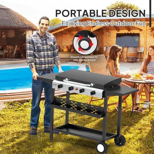 ROVSUN 4 Burner Portable Propane Griddle with Electronic Ignition, 40000 BTU Rolling Flat Top Gas Grill with Enameled Tray & Lid, Side Shelves & Regulator for Outdoor Cooking Camping BBQ Tailgating - Image 5