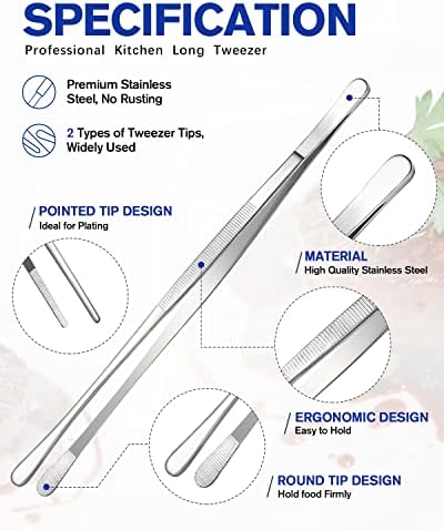 4 Pcs Fine Long Tweezer Tongs Professional Silver, 12'' and 10'' Stainless Steel for Kitchen, Food, Cooking, Repairing, Sea food and BBQ - Image 2