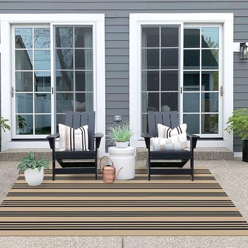 IOHOUZE 4x6 Striped Indoor Outdoor Rug, Washable Front Porch, Black Tan - Image 4