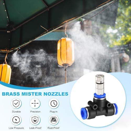 M METERXITY 5-Set Brass Misting Nozzles Tees Kit, 0.004"/0.1mm Orifice Mister Replacement Nozzles with Filter Mesh for Outdoor Cooling System/Greenhouse, Water Misting Nozzle Tees Kits - Image 4