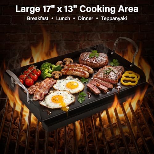 17"x13" Pre-Seasoned Nonstick Cast Iron Griddle for Gas Grill - Universal Flat Top with Grease Groove, Reinforced Ridges & High Sidewalls for Gas/Charcoal, Fits Weber, Charbroil - Image 4