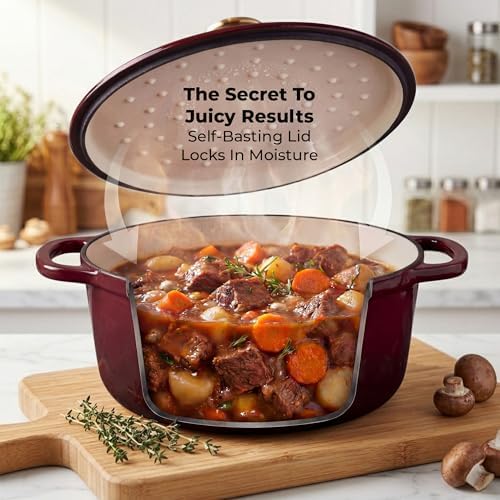 Zulay Kitchen 6.4QT Enameled Cast Iron Dutch Oven Pot with Lid, Heavy-Duty Soup Pot for Stews, Braising, Roasting & Sourdough Bread Baking, Oven Safe up to 500°F – Garnet - Image 4