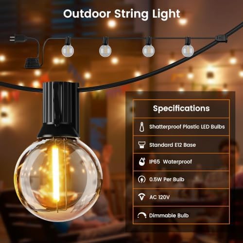 OHLUX Outdoor String Lights, 27FT LED Patio Lights with 13 Dimmable Plastic G40 Globe Bulbs(1 Spare), 2200K Waterproof Connectable Hanging Lights for Backyard Porch Cafe Party Decor E12 Socket Base - Image 5