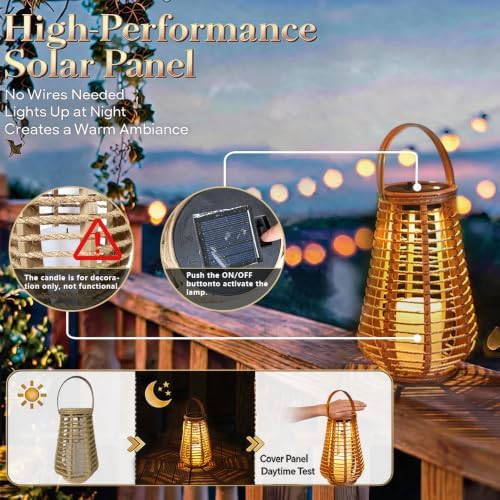 Hanging Solar Lanterns Outdoor Waterproof, Hand-Woven Hemp Rope,10x5.5 Inch - Image 2