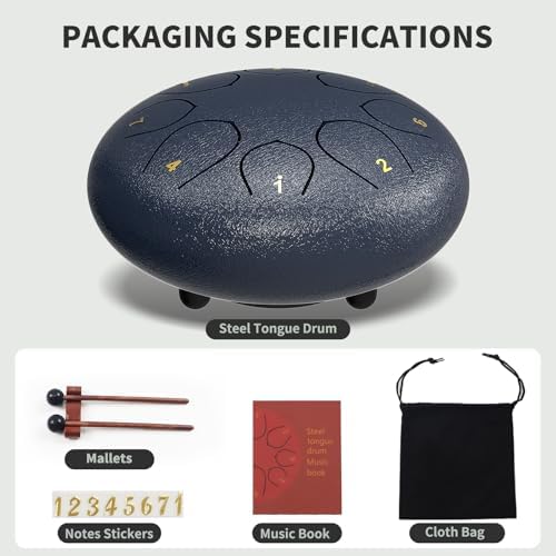 Rain Drum for Outside Garden, 6 Inches 8 Notes Steel Tongue Chakra Drums, Waterproof Echo Rain Chime Meditation Drums, Musical Instruments for Adult Gift with Bag, Music Book, Drum Mallets (Navy Blue) - Image 3