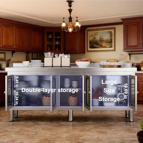 70" Stainless Steel Table Cabinet Heavy Duty Prep Table with 304 Stainless Steel Worktop and 5 Glass Doors Commercial Worktable Workbench with Storage Cabinet for Kitchen Garage Restaurant Outdoor - Image 4