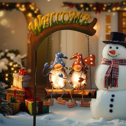 HONGLAND Gnomes Garden Decor Solar Lights, 48 Inch Welcome Sign Swing Christmas Yard Decorations Outdoor Decorative Stake for Lawn Porch Backyard Patio, Gnome Gardening Gifts for Women Mom by HONGLAND