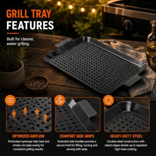Outdoor Grill Pans: Enamel Non‑Stick Grill topper - Grill Tray with hole, Grilling Baskets Outdoor Set for Vegetable, Meat (dark black) - Image 4