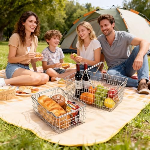 Small Picnic Baskets, Wire Baskets for Organizing with Foldable Handle - 12.6"x9.1"x5", Sturdy Stainless Steel Storage Baskets for Outdoor Picking, Picnic, Kitchen & Fridge & Cabinet Organizer(1, S) - Image 2