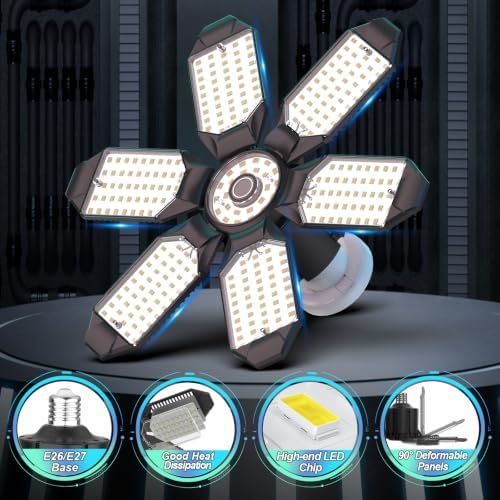 Led Garage Lights 4 Pack 200W Super Bright Ceiling Led Shop Lights, E26/E27 Base, 6500K, 22000LM Deformable Garage Light Ideal for Basement, Attic and Workshop, Commercial Bay Lighting - Image 5
