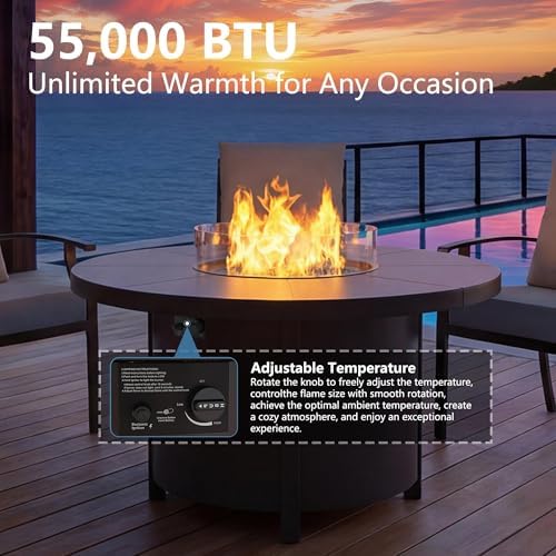 7 Pieces Outdoor Patio Furniture Set with 48" 55000 BTU Round Propane Fire Pit Table,Patio Dining Set Outdoor Conversation Sets 6 Swivel Chairs for Deck,Backyard and Garden,Dark Blue - Image 6