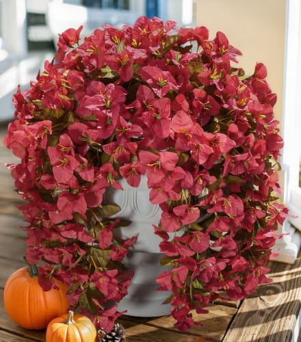 Bougainvillea Artificial Flowers for Outdoors Fake Plants Fall Autumn Decor, 2 pcs Faux Long Trailing Vines UV Resistant Look Real Red Silk Flowers for Outside Planter Front Door Porch Urn Yard Patio by INSPRING