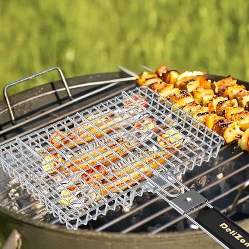 Grill Baskets Fish Grilling Rack for Outdoor Grill with Removable Handle, Come with Basting Brush Food Tongs & 5x BBQ Skewers - Image 5