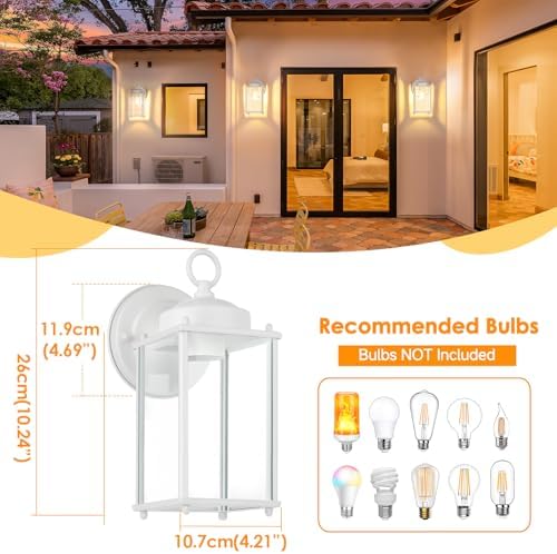 MATAMEYE Large Outdoor Wall Lantern, Exterior Waterproof Wall Sconce Light Fixtures, White Front Door Lighting with Clear Beveled Glass, Anti-Rust E26 Socket Porch Lamp, 2 Pack - Image 2