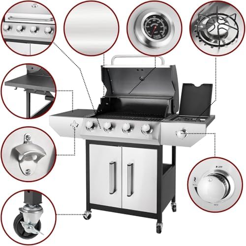 4-Burner Propane BBQ Grill 53000 BTU Stainless Steel Cast Iron Grate - Image 4