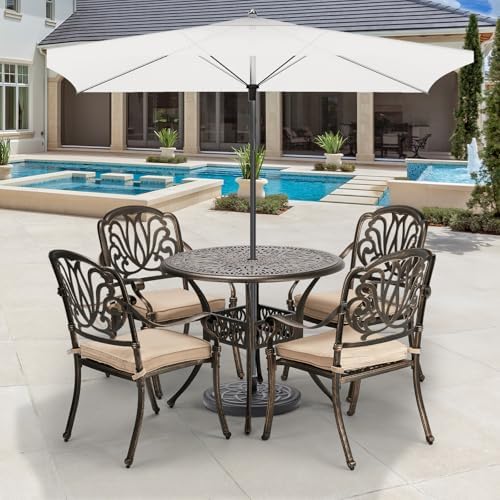 VINGLI 5-Piece Outdoor Patio Dining Set, Cast Aluminum All-Weather Outdoor Table and Chairs w/Cushion, Outdoor Furniture Set w/Umbrella Hole for Backyard Deck Poolside (Round, Elizabeth Back) - Image 2
