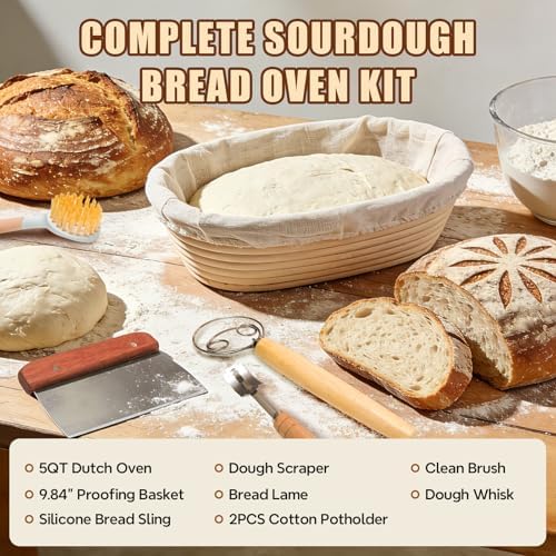 Enameled Cast Iron Dutch Oven for Bread Baking - incl. Sourdough Bread-Baking Supplies like Banneton Bread-Proofing Basket - 5QT Loaf Cast Iron Bread Oven Pan& Meatloaf Pan with Lid, Sour Sough Tools, Lame (Cream White） - Image 2