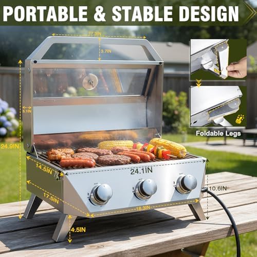 BESTFIRE 3-Burner Tabletop Gas Grill with Viewing Glass, 30,000 BTU Stainless Steel Portable Propane BBQ Grill with Thermometer, Professional Outdoor Cooking for Patio, Camping, RV and Tailgating - Image 3