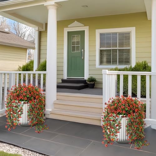 ZFProcess Artificial Hanging Flowers for Outdoors, 2 Pcs Fake Hanging Plant Spring Summer Decor, UV Resistant No Fade Realistic Faux Flower for Front Door Porch Planter Patio Garden Yard(Red Brown) - Image 2