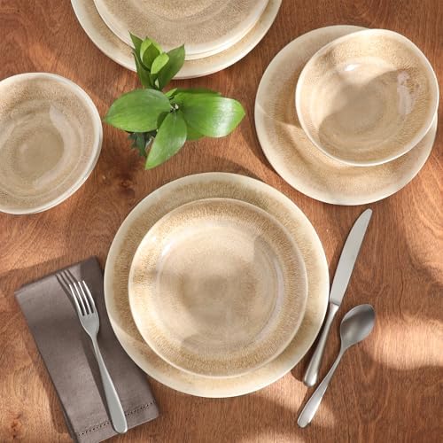 Gibson Home Casper Court 16-Piece Melamine Dinnerware Set – Beige Reactive Glaze Look Plates and Bowls, Service for 4 – Top Rack Dishwasher Safe Everyday Dining Set - Image 5