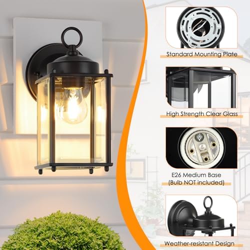 MATAMEYE Outdoor Wall Lantern, Exterior Waterproof Wall Sconce Light Fixtures, Black Front Door Lighting, Anti-Rust E26 Socket Porch Lamp, 2 Pack - Image 4