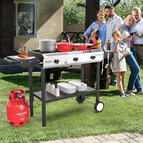 ROVSUN 3 Burner Outdoor Propane Gas Stove with Ignition, Regulator & Side Shelves, 225,000 BTU Rolling Gas Stove Outdoor Cooker for Backyard Patio Cooking Home Camping Brewing Canning Turkey Frying - Image 7