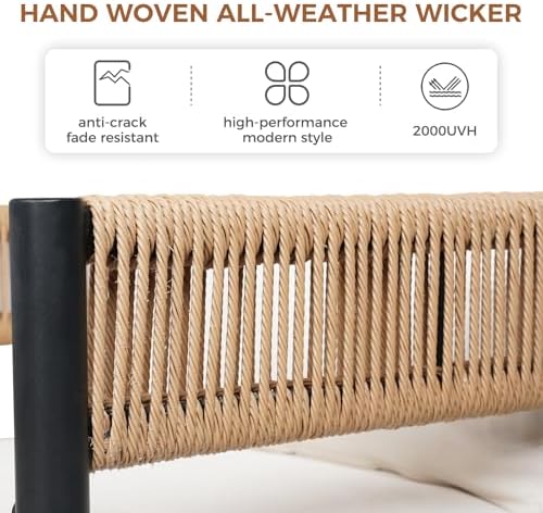 Grand patio 5-Piece Outdoor Dining Set for 4, Metal Woven Wicker Fixed Patio Chairs with Thickened Cushions & 1 Square Woodgrain Dining Table with Umbrella Hole for Backyard Deck (Natural) - Image 5