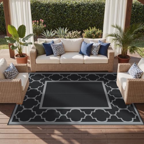 GENIMO Outdoor Rug, Waterproof Plastic Rugs for Patio, 9'x12' Black Gray - Image 5
