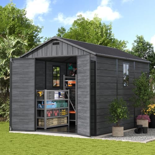 UDPATIO Outdoor Resin Storage Shed 8 x 10 FT, Plastic Storage Shed with Floor Large Outdoors Garden Tool Storage Shed Outside Clearance Shed with Lockable Door for Bike, Backyard, Patio, Dark Drey by UDPATIO
