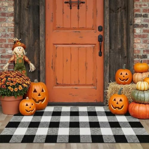 SEEKSEE Fall Decor Buffalo Plaid Outdoor Rug 24x52 Black and White Front Door Mat, Layering Rug for Porch, Washable Doormat, Cotton Area Rug for Outdoor Entrance Entryway Patio Porch Decor - Image 3