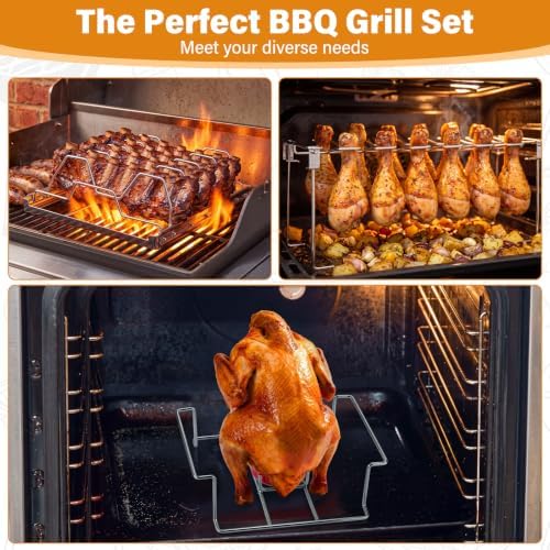 3 Pcs Grill Racks Set - 14-Slot Foldable Chicken Leg & Wing Rack, Rib Rack for Smoking, Beer Can Chicken Holder - Grilling Stainless Steel Accessories for Outdoor Smoker, Charcoal Grill, Oven - Image 7