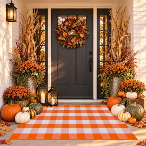 Orange and White Plaid Rug, 3' x 5' Fall Front Door Decor Mat, Cotton Washable Hand-Woven Door Mat for Layered Doormat, Autumn Halloween Thanksgiving Carpet for Porch, Entryway by Homydecor